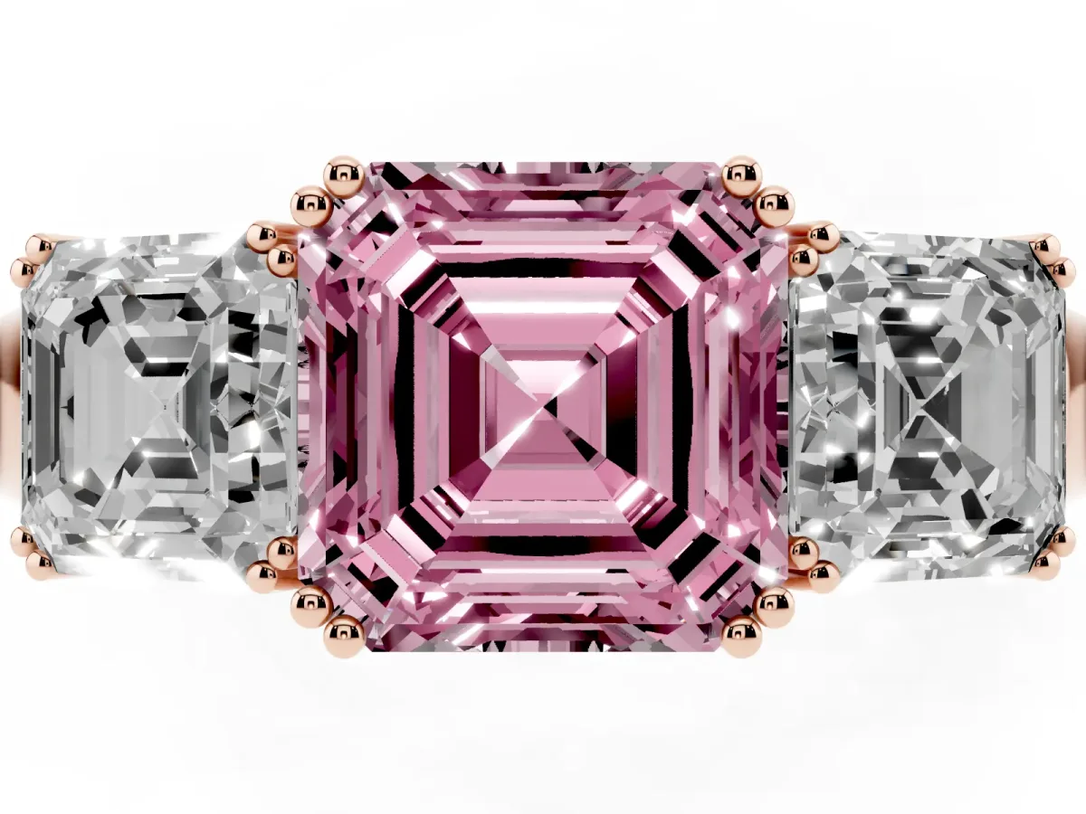 Fancy Pink Three-Stone Asscher Cut Cut Diamond Ring with Channel Set Band and Four-Prong Setting Rose gold