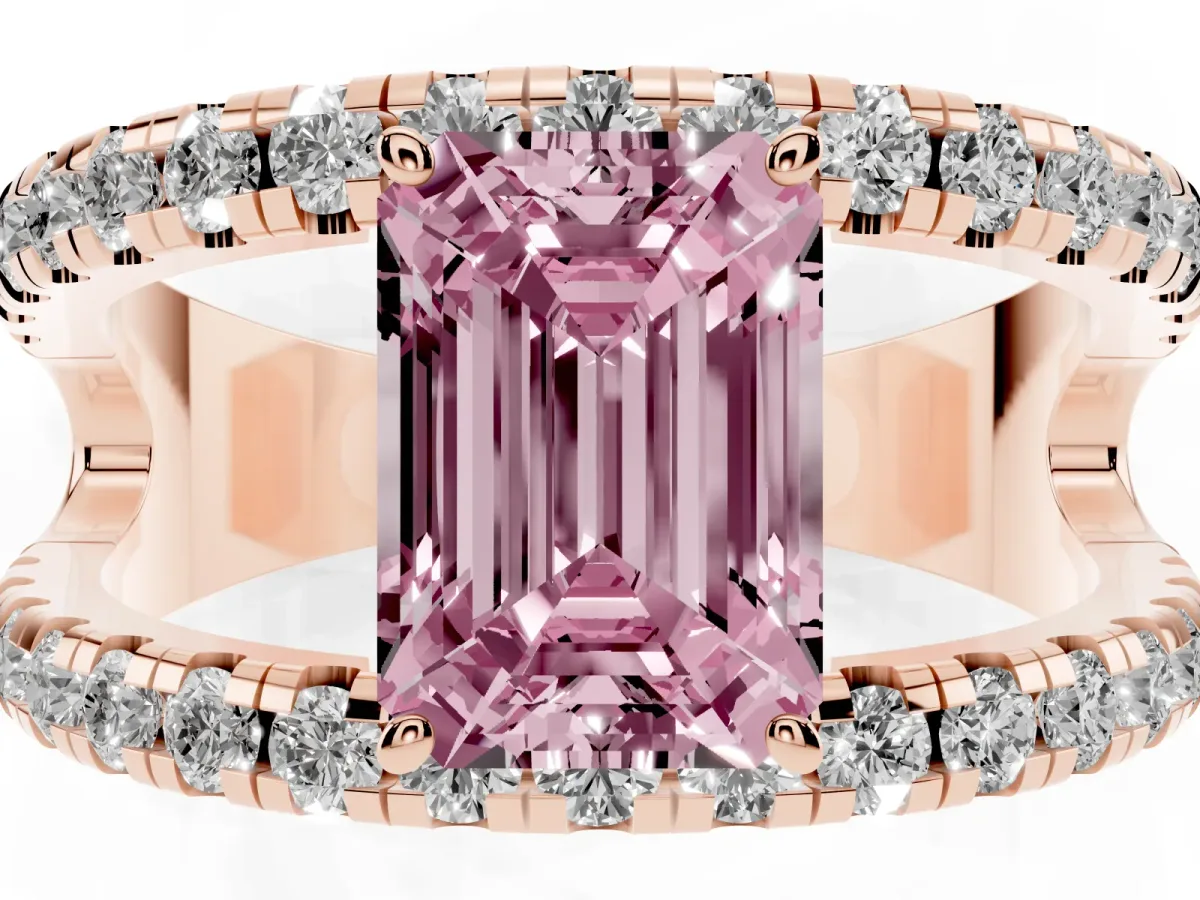 Fancy Pink Emerald Cut Solitaire Split Shank Pave Diamond Ring Rose gold