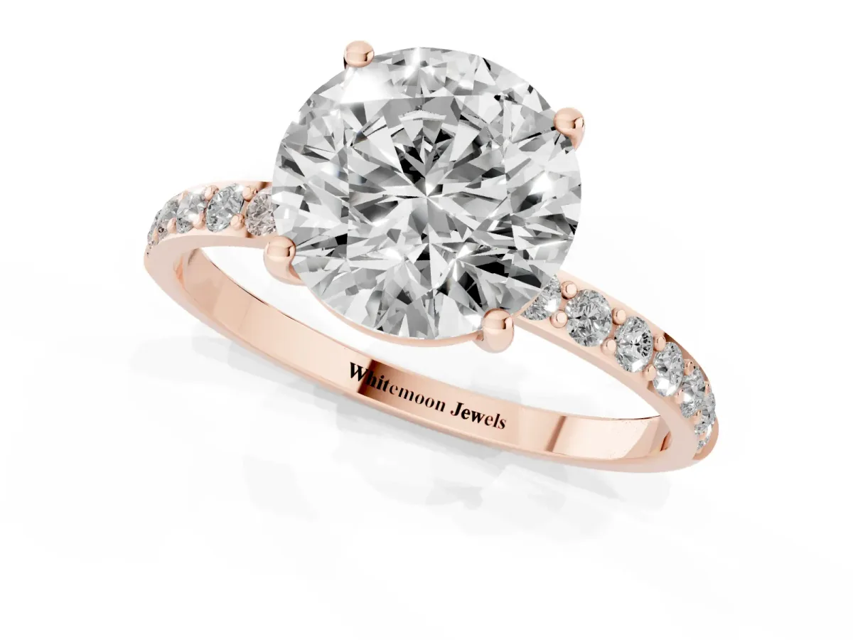 Round Cut Diamond Solitaire Ring with Round Pavé Shoulders and Prong Setting Rose gold