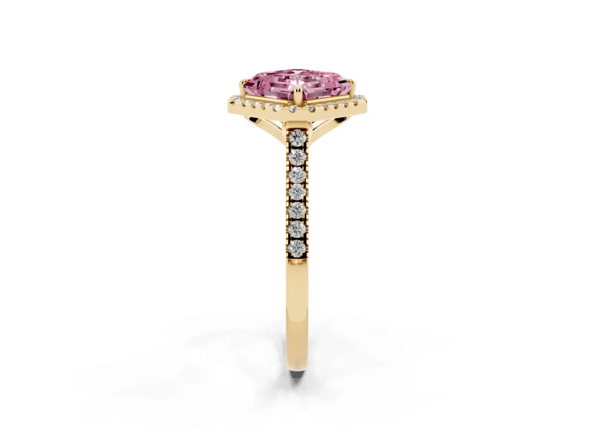 Fancy Pink Asscher Cut Diamond Cushion Halo Ring with Pavé Band Yellow gold