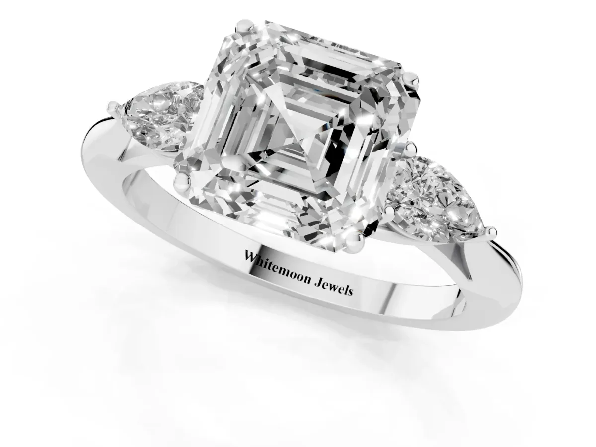 Three-Stone Asscher Cut Brilliant Diamond Solitaire Ring with Tapered Band and Four-Prong Setting Silver