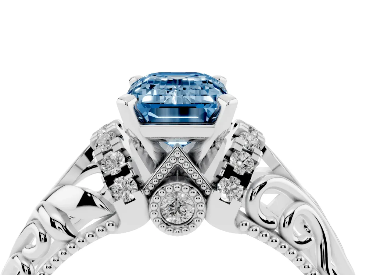 Fancy Blue Emerald Cut Solitaire Filigree Engagement Ring with Halo and Prong Setting White gold
