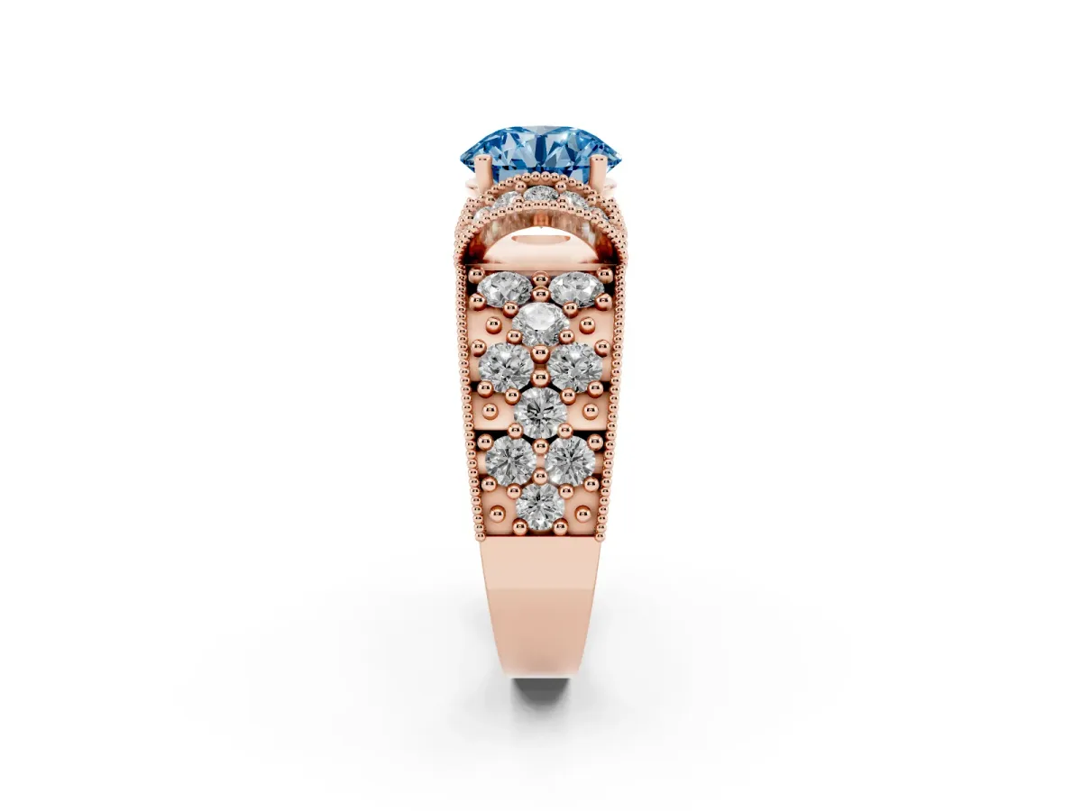 Fancy Blue Round Cut Halo Pave Diamond Engagement Ring with Milgrain Detailing Rose gold