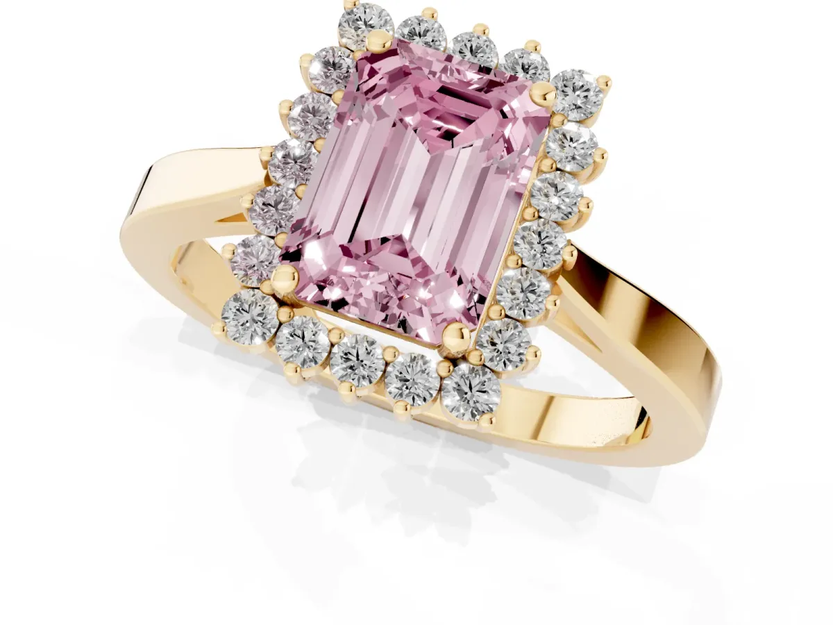 Fancy Pink Emerald Cut Cut Diamond Halo Ring with Round Brilliant Halo and Solitaire Band Yellow gold