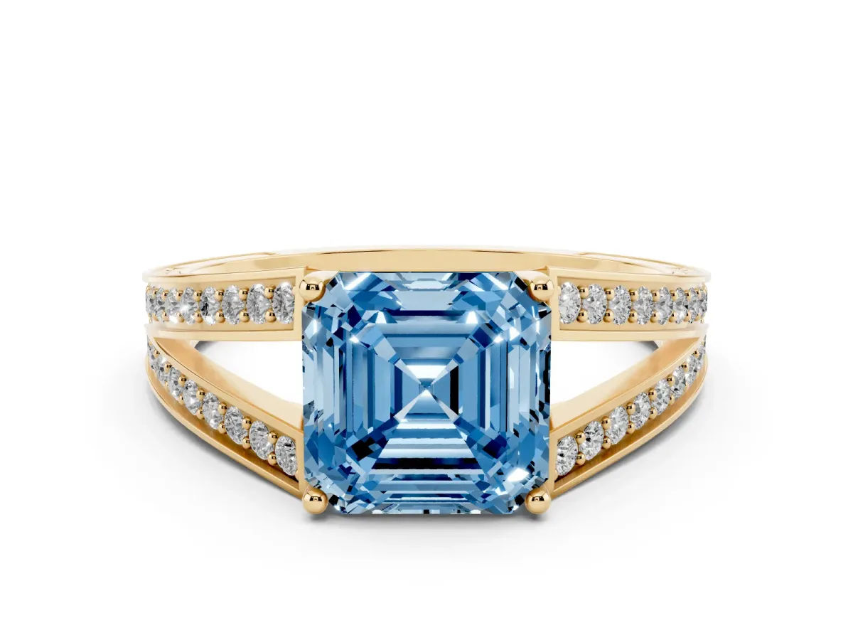 Fancy Blue Asscher Cut Diamond Split Shank Ring with Pavé Band and Four-Prong Setting Yellow gold