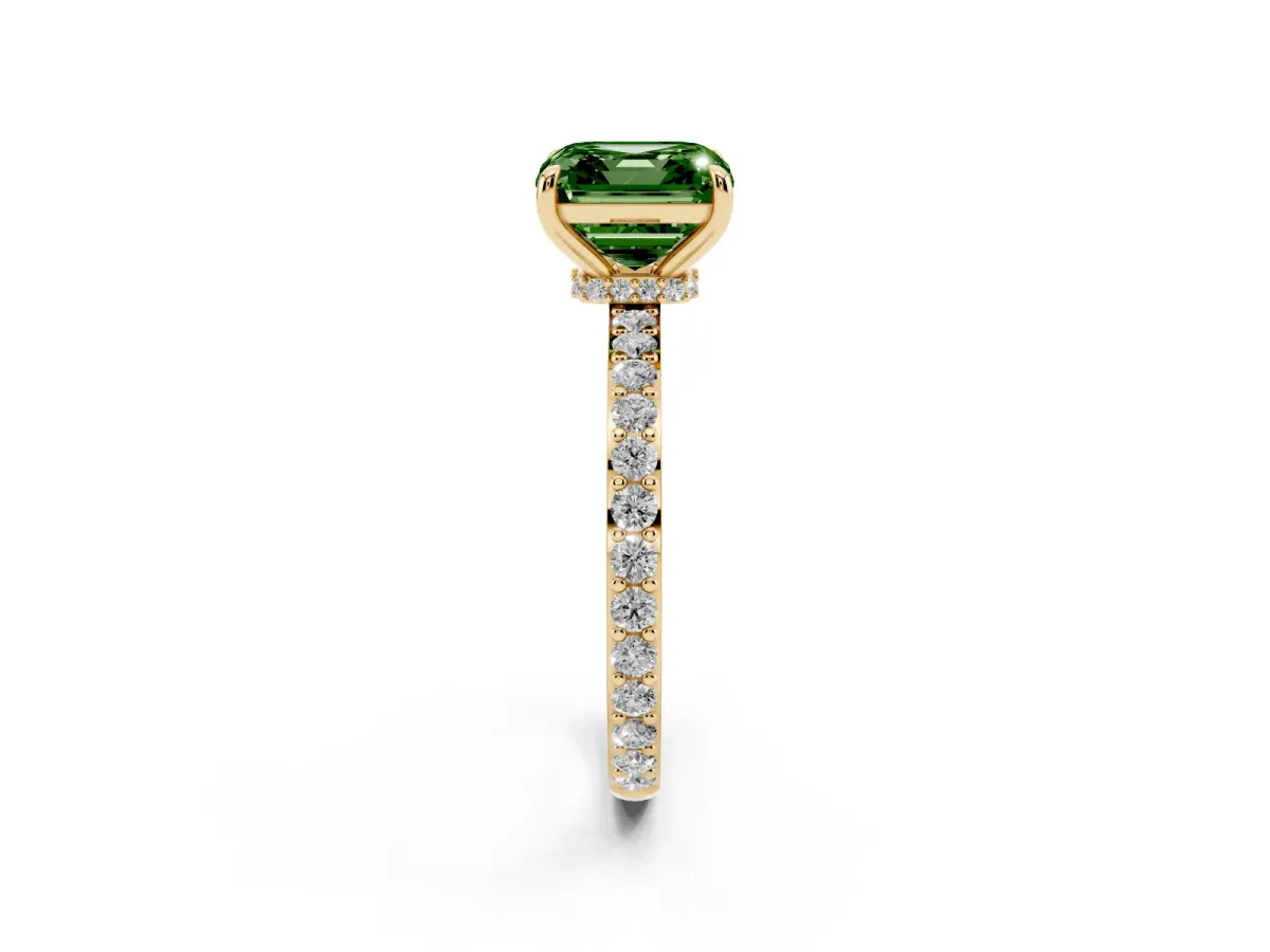 Fancy Green Asscher Cut Diamond Solitaire Engagement Ring with Pavé Band and Four-Prong Setting Yellow gold