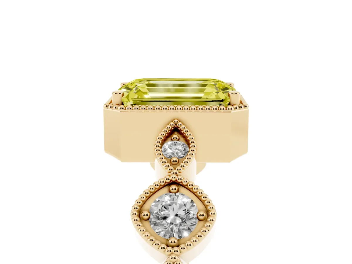 Fancy Yellow Emerald Cut Diamond Vintage Milgrain Ring with Round Stations Yellow gold