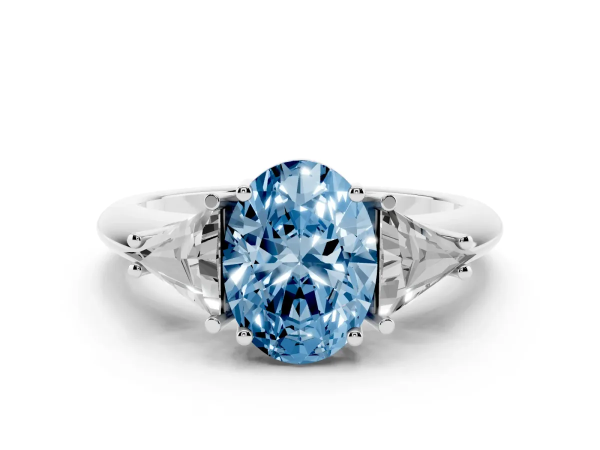 Fancy Blue Three-Stone Oval Cut Diamond Engagement Ring with Trillion Side Stones and Prong Setting Silver