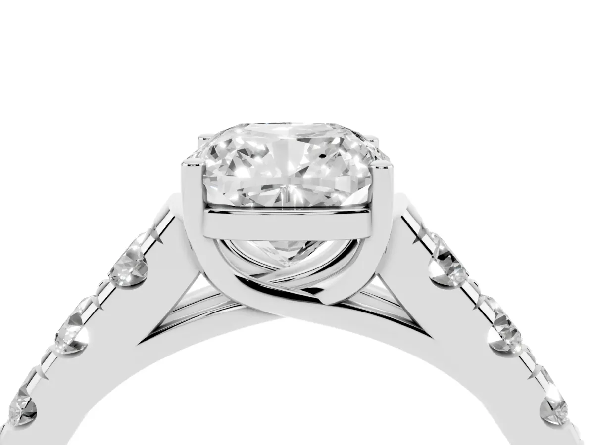 Cushion Cut Cut Diamond Solitaire Ring with Micro Pave Band and Prong Setting Platinum