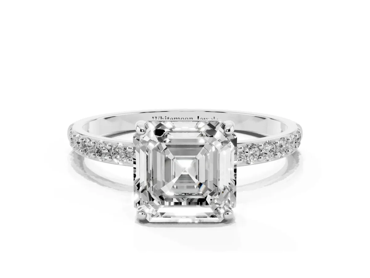 Asscher Cut Diamond Solitaire Ring with Round Pavé Shoulders and Prong Setting Platinum