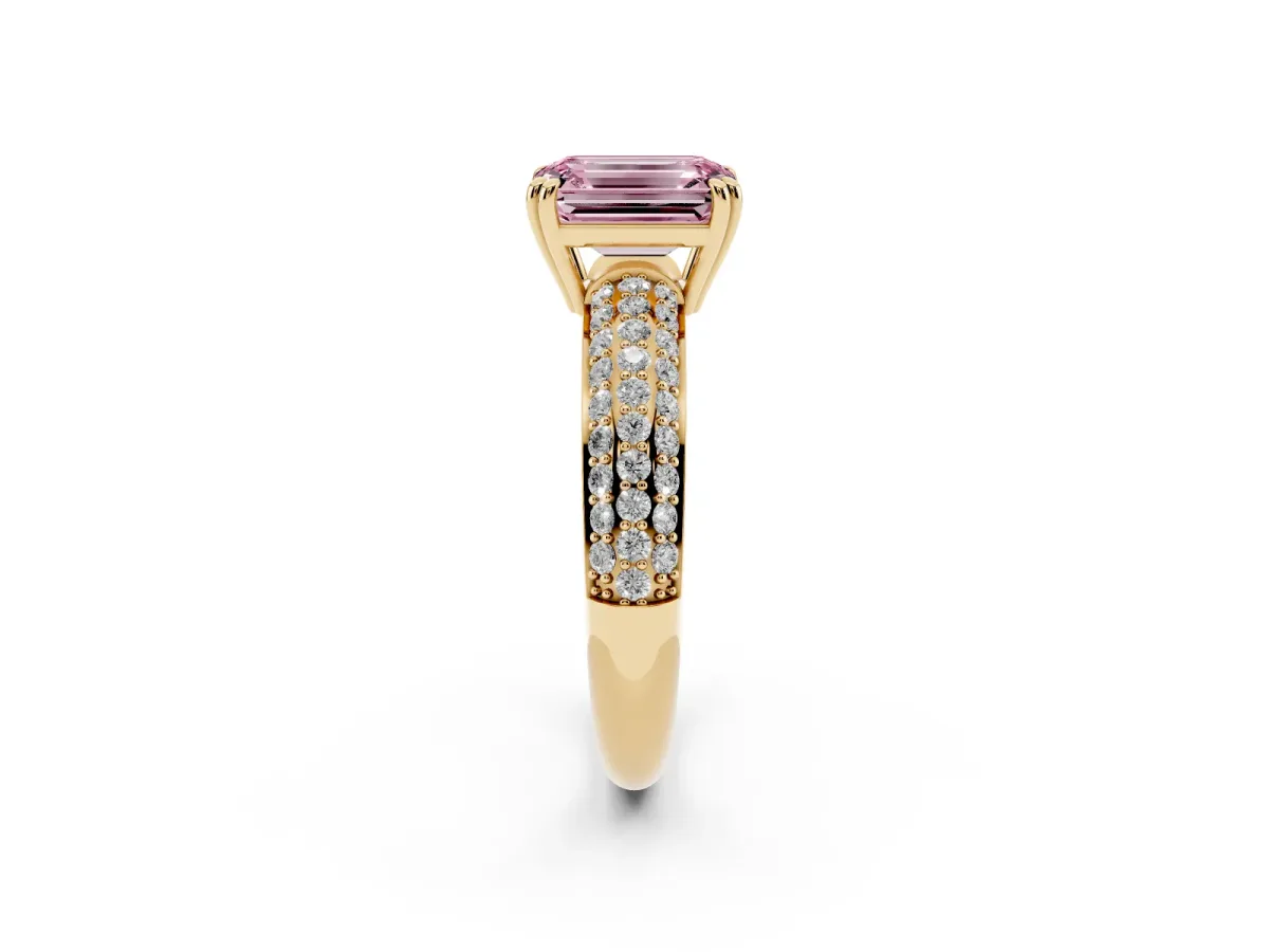 Fancy Pink Emerald Cut Diamond Solitaire Ring with Multi-Row Round Pavé Band and Prong Setting Yellow gold