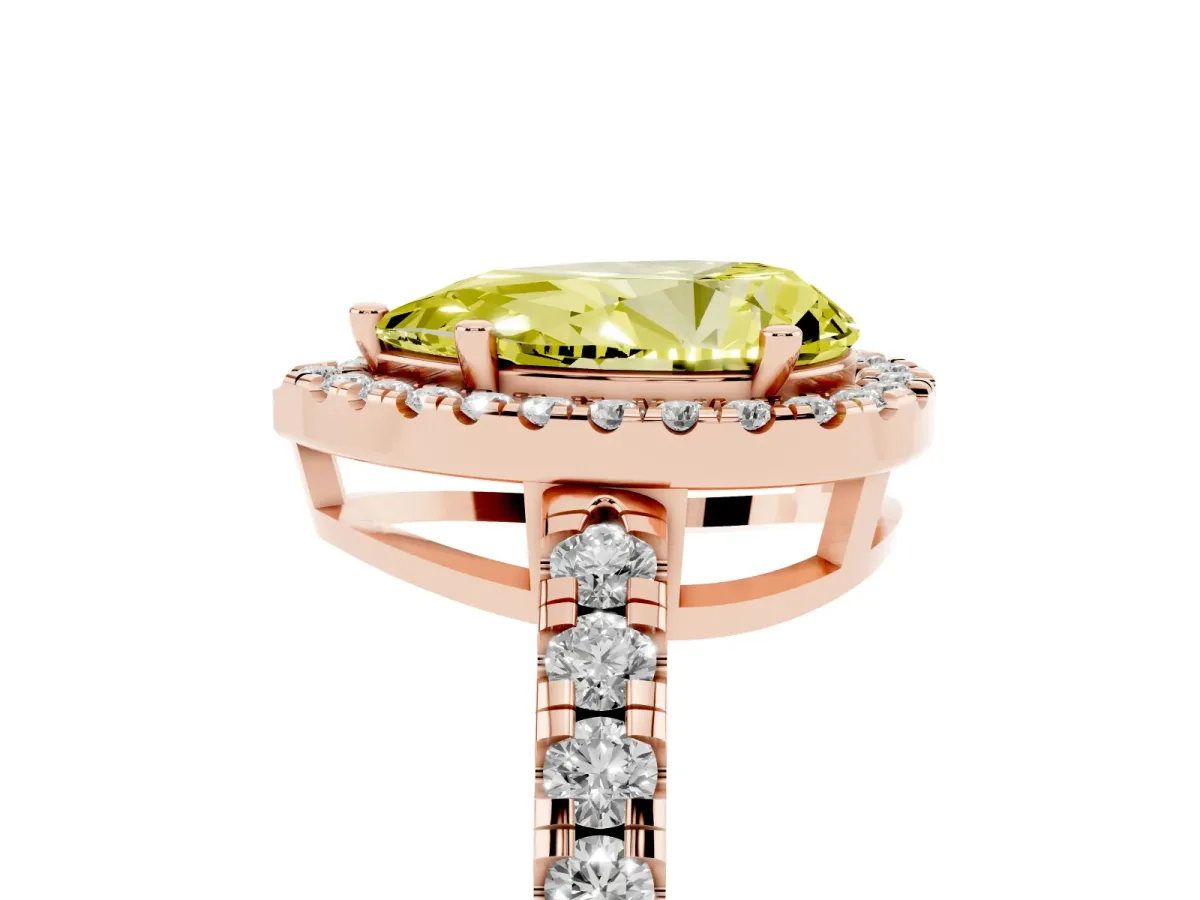 Fancy Yellow Pear Cut Diamond Halo Ring with Pavé Band and Four-Prong Setting Rose gold