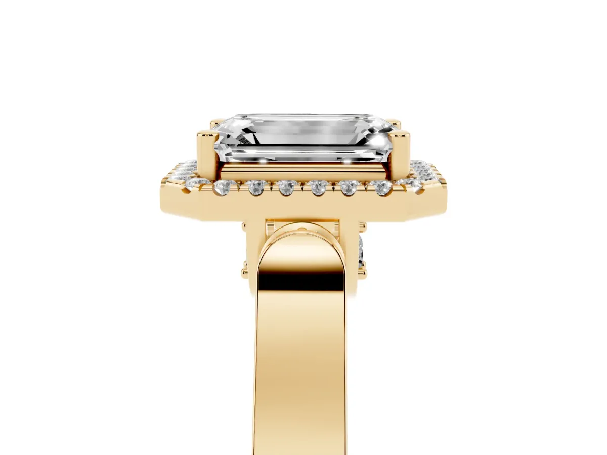 Emerald Cut Halo Pave Split Shank Prong Setting Ring Yellow gold