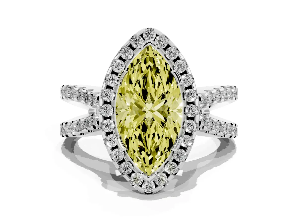 Fancy Yellow Marquise Cut Diamond Halo Ring with Split Shank Pavé Band and Prong Setting Silver