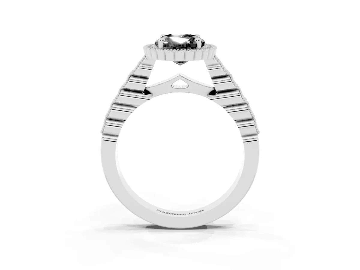Fancy Black Oval Cut Cut Halo Pavé Solitaire Ring with Milgrain Band Silver