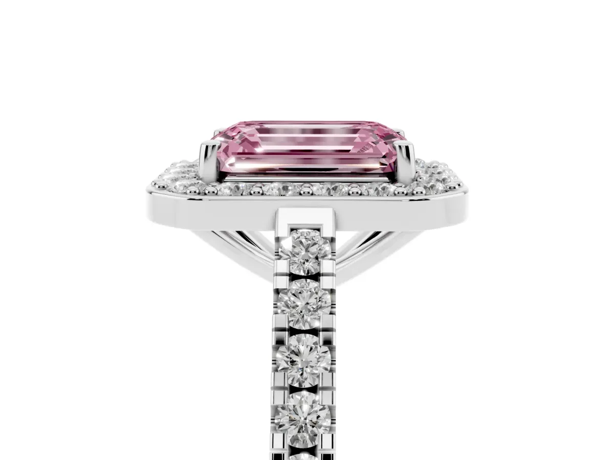 Fancy Pink Emerald Cut Diamond Halo Ring with Round Pavé Split Shank and Prong Setting Platinum