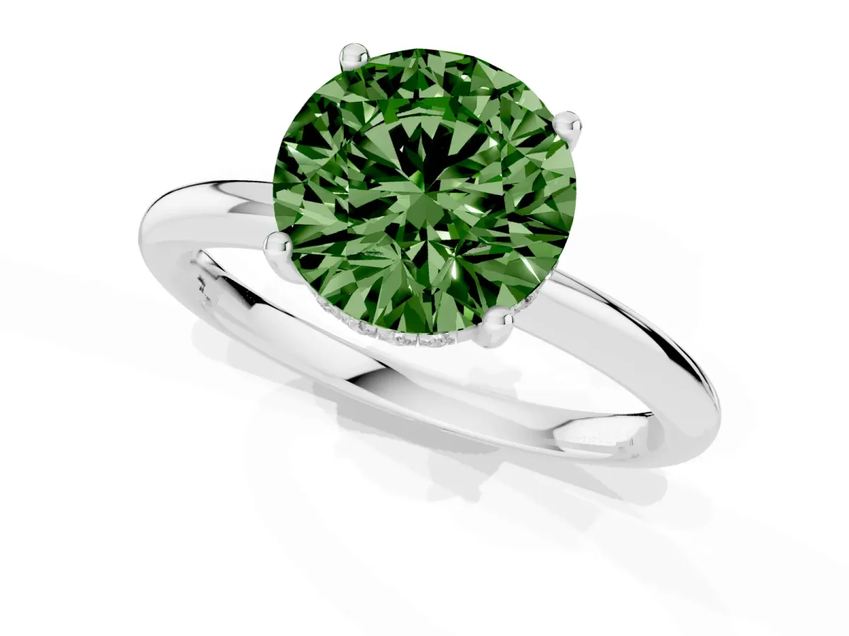 Fancy Green Round Cut Cut Solitaire Engagement Ring with Four-Prong Setting and Classic Band Silver