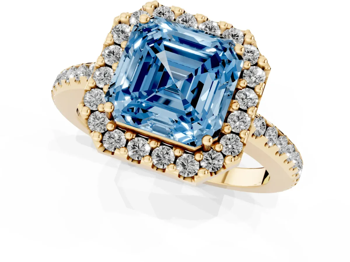 Fancy Blue Asscher Cut Diamond Pavé Halo Ring with Four-Prong Setting Yellow gold