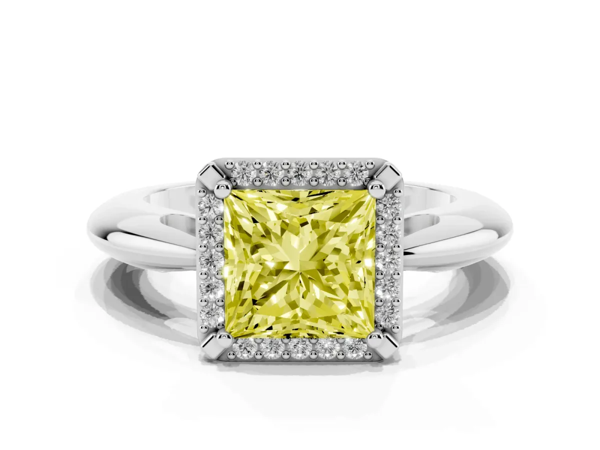 Fancy Yellow Princess Cut Cut Diamond Halo Engagement Ring with Split Shank and Four-Prong Setting Platinum