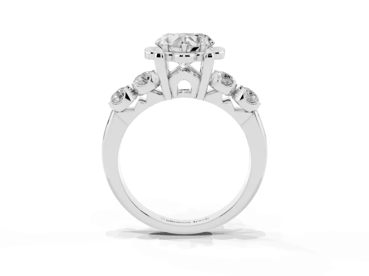 Heart Cut Cut Diamond Floral Halo Engagement Ring with Shared Prong Setting Silver