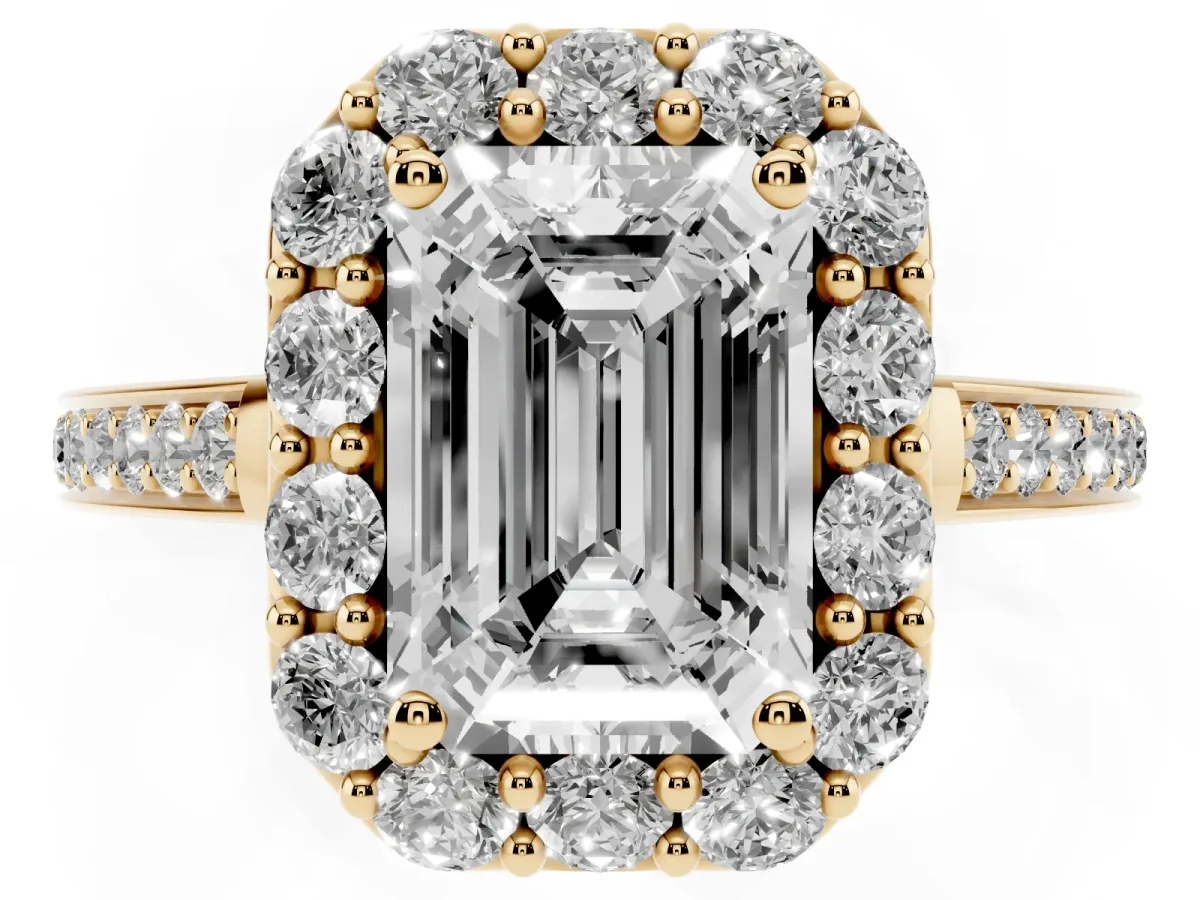 Emerald Cut Diamond Floral Halo Ring with Pavé Band and Prong Setting Yellow gold