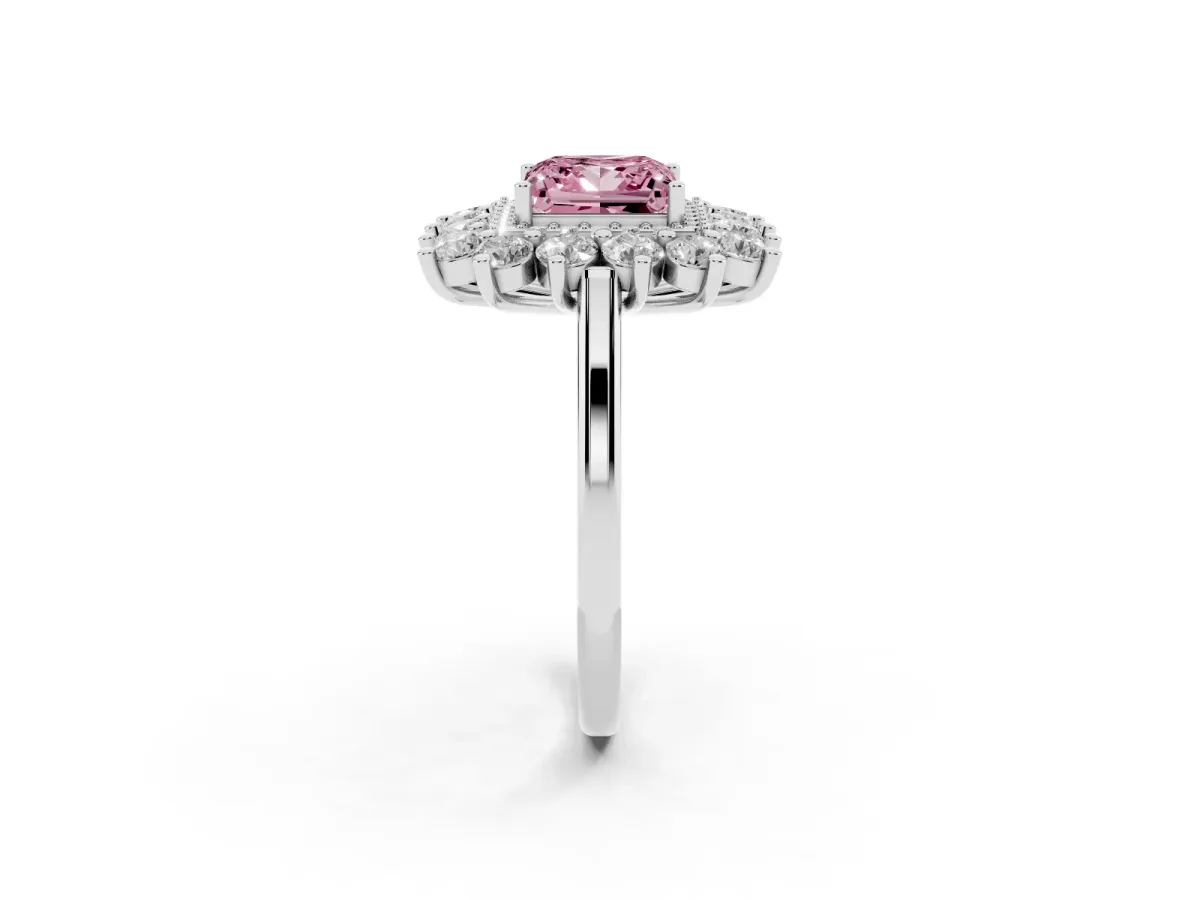 Fancy Pink Princess Cut Diamond Floral Double Halo Engagement Ring with Prong Setting Silver