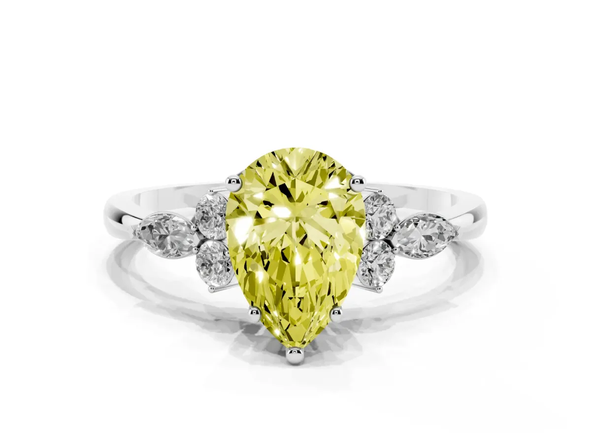 Fancy Yellow Pear Cut Brilliant Diamond Solitaire Ring with Pear Side Stones and Four-Prong Setting Silver