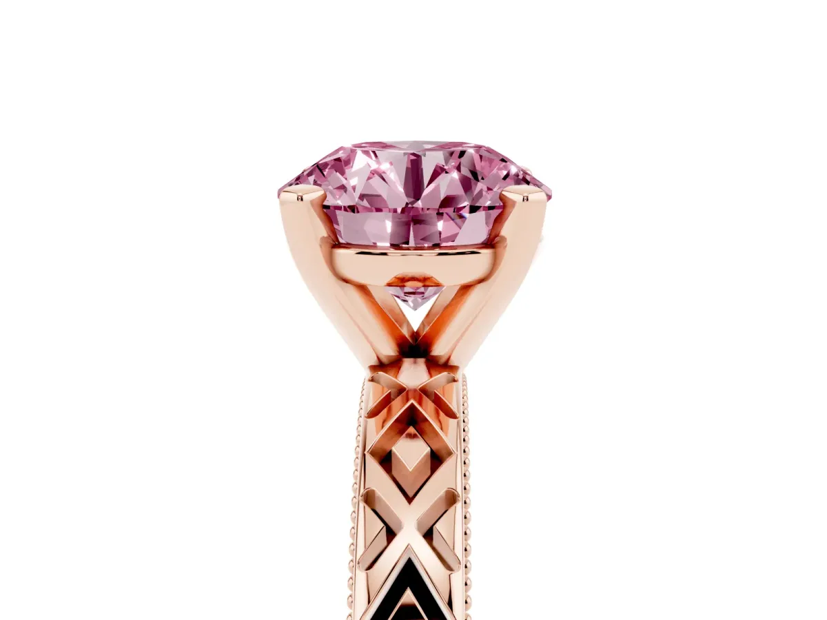 Fancy Pink Round Cut Solitaire Diamond Ring with Milgrain and Black Enamel X Pattern Band Rose gold