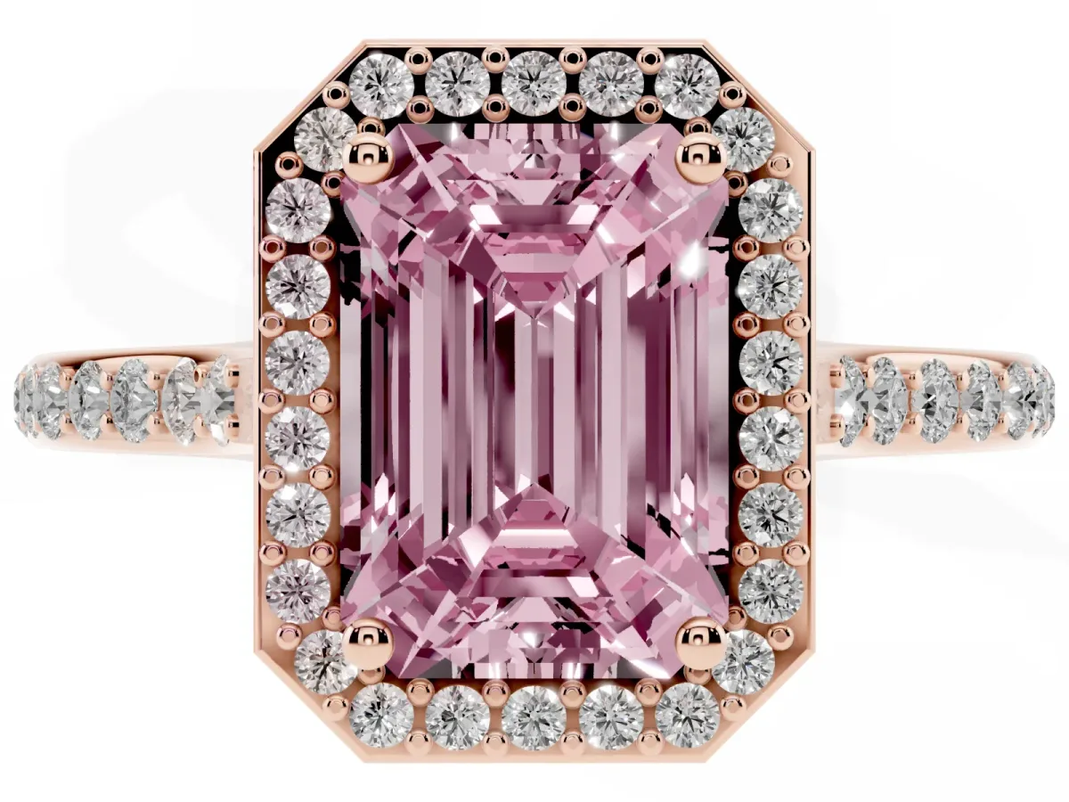 Fancy Pink Emerald Cut Diamond Halo Engagement Ring with Round Pavé Shoulders and Prong Setting Rose gold