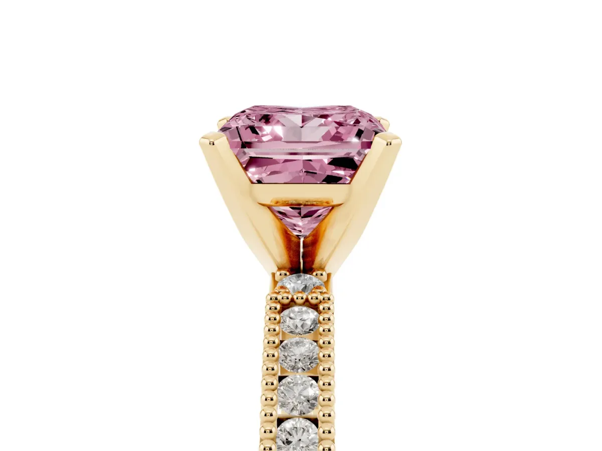 Fancy Pink Princess Cut Solitaire with Pavé Band and Four-Prong Setting Yellow gold