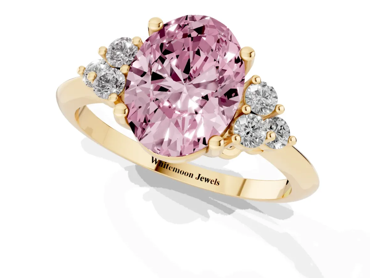 Fancy Pink Oval Cut Cut Diamond Cluster Ring with Solitaire Band and Four-Prong Setting Yellow gold