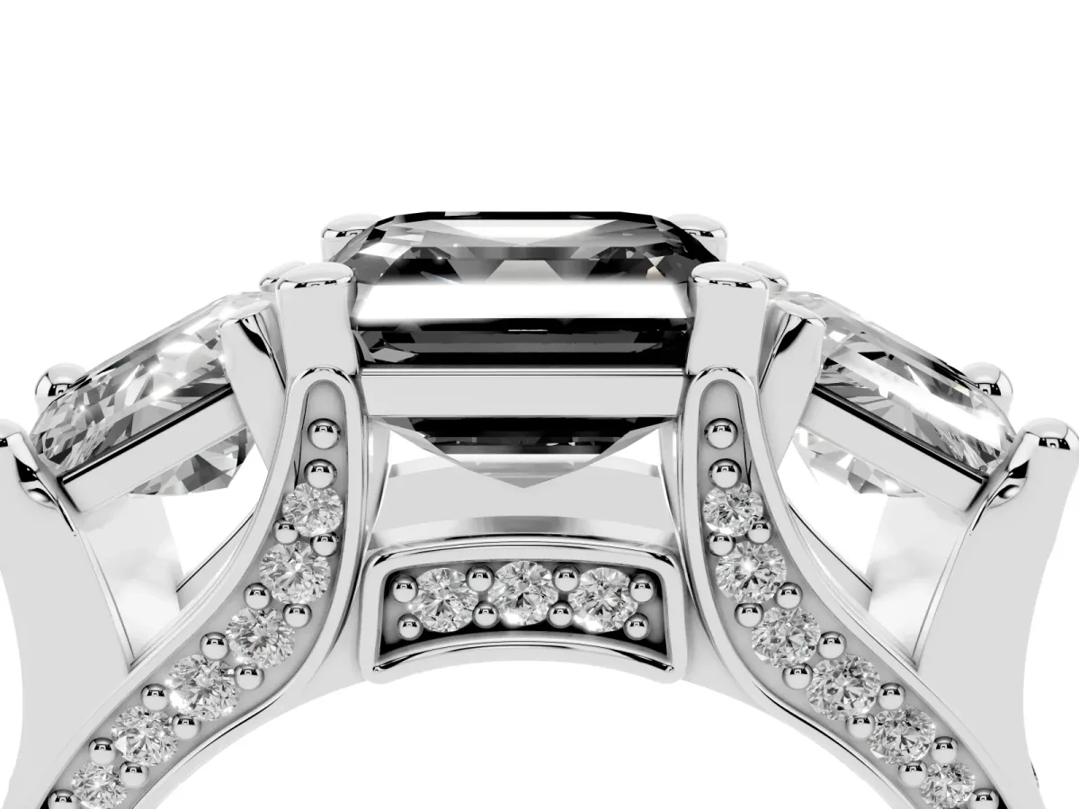Fancy Black Asscher Cut Diamond Three-Stone Ring with Channel Set Band and Four-Prong Setting Silver