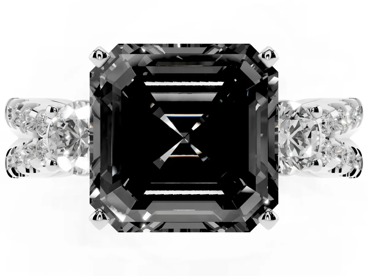 Fancy Black Asscher Cut Diamond Three-Stone Ring with Pavé Split Shank and Four-Prong Setting Silver