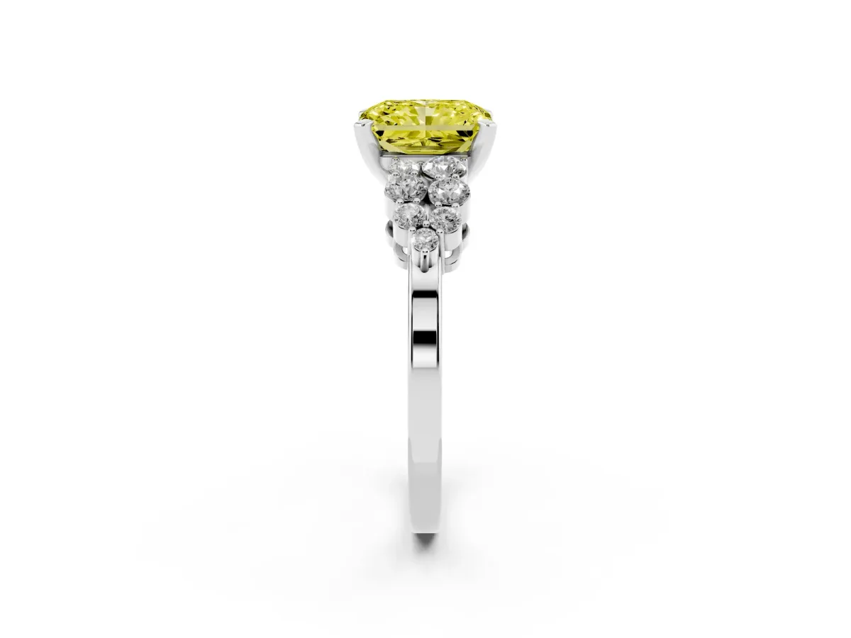 Fancy Yellow Radiant Cut Cluster Diamond Engagement Ring with Pavé Band and Four-Prong Setting White gold