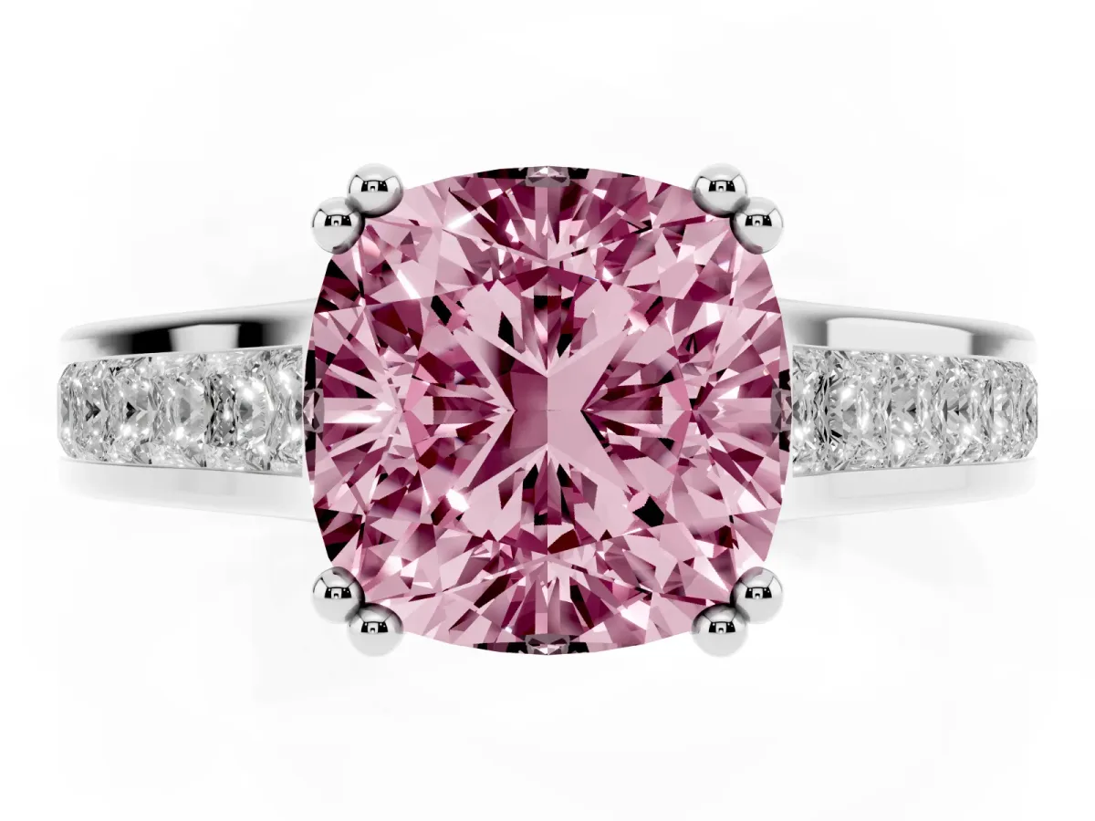Fancy Pink Cushion Cut Cut Channel Set Solitaire Engagement Ring with Prong Setting Silver