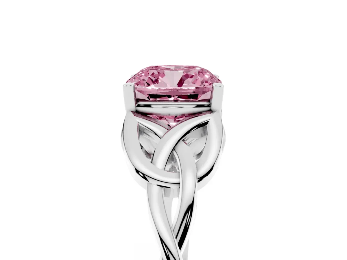 Fancy Pink Cushion Cut Diamond Solitaire Engagement Ring with Celtic Knot Band and Four-Prong Setting Platinum