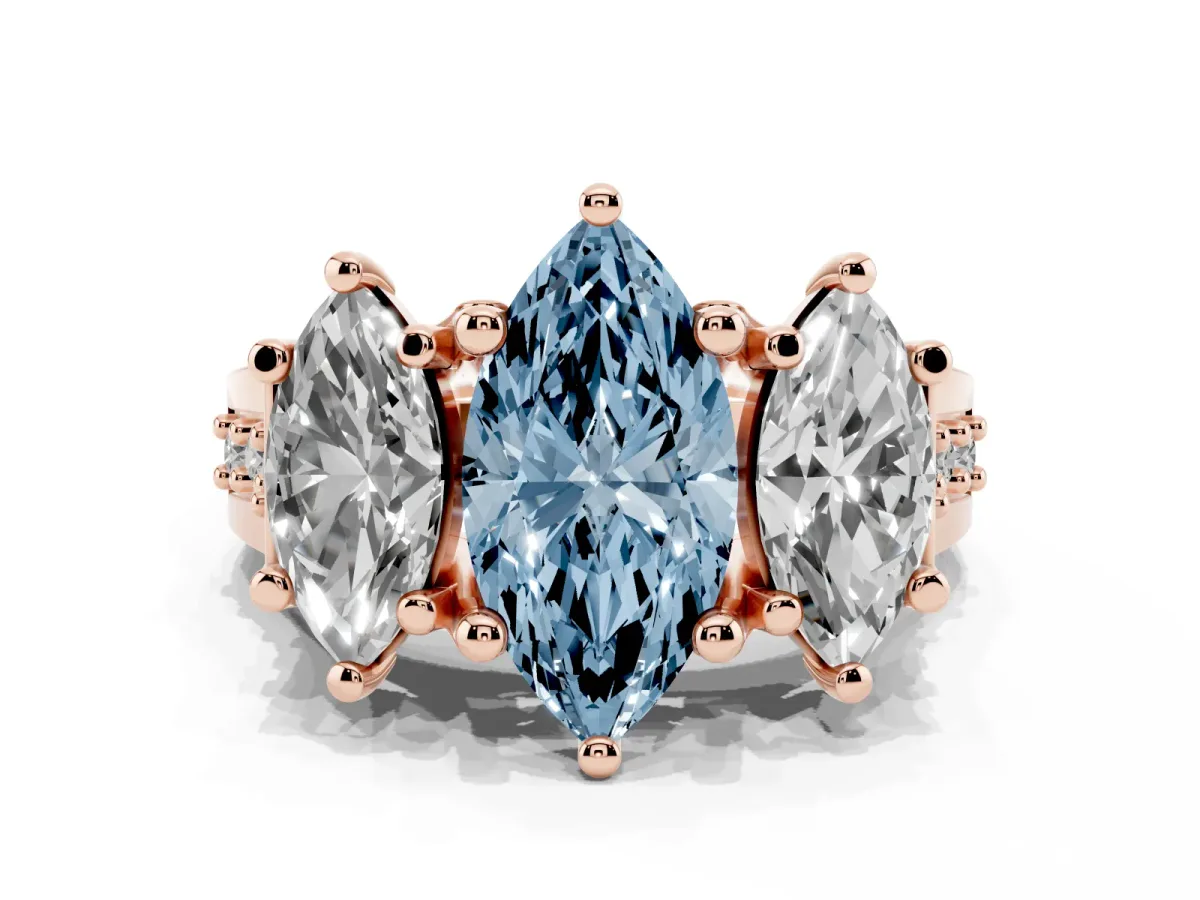 Fancy Blue Marquise Cut Diamond Three-Stone Ring with Channel Set Band and Four-Prong Setting Rose gold