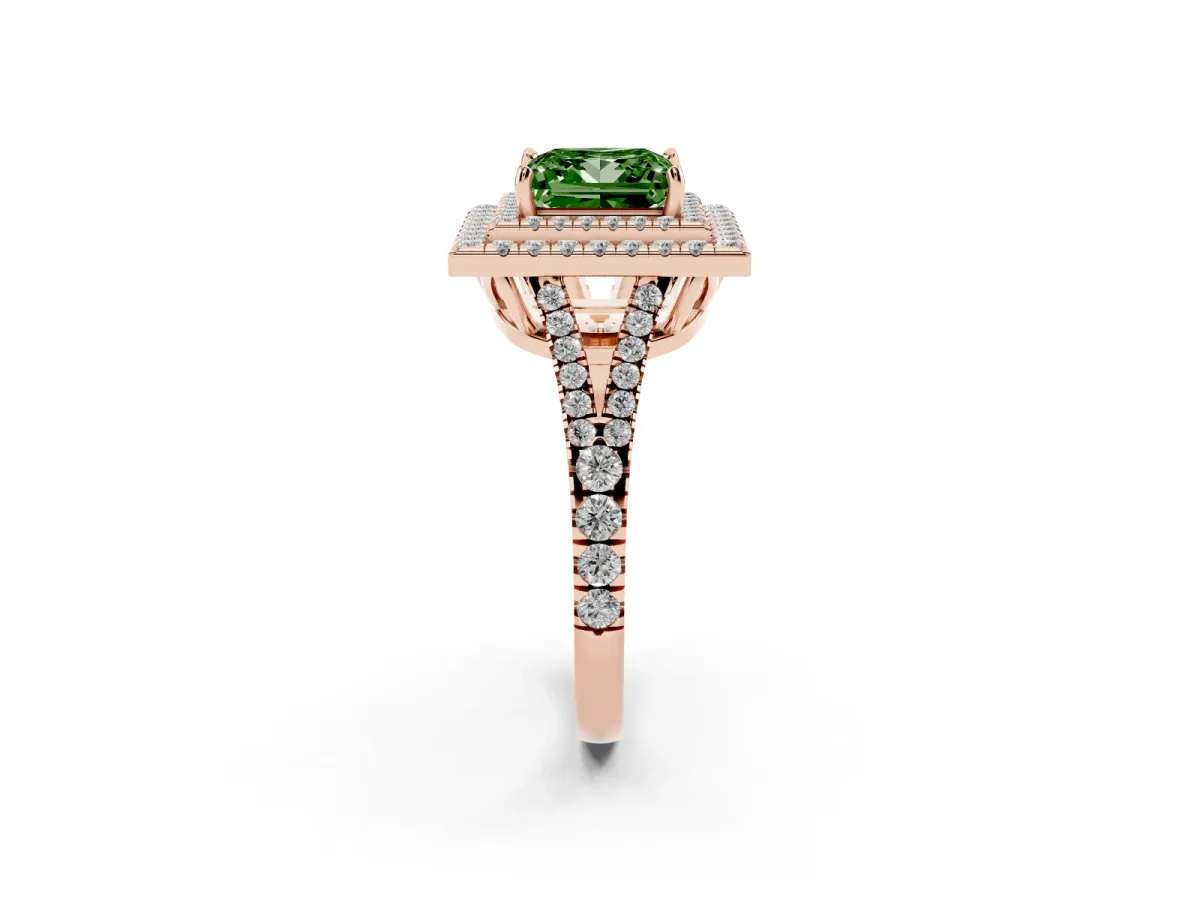 Fancy Green Princess Cut Diamond Double Halo Ring with Pavé Band and Prong Setting Rose gold
