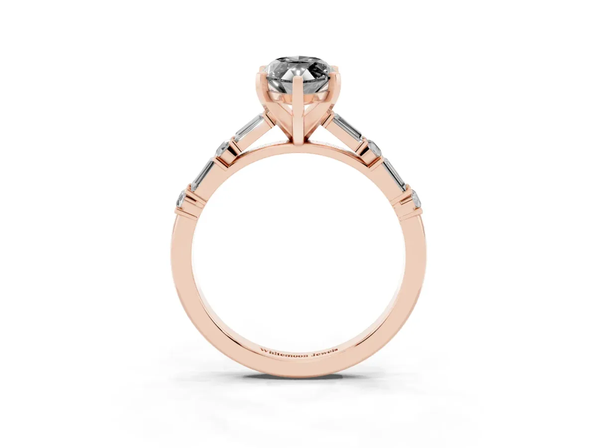 Fancy Black Marquise Cut Diamond Solitaire with Side Baguettes and Channel Set Band Rose gold