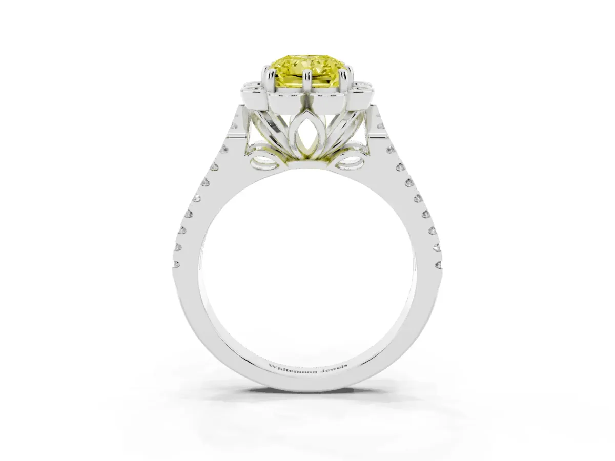 Fancy Yellow Radiant Cut Halo Diamond Floral Split Shank Engagement Ring Silver