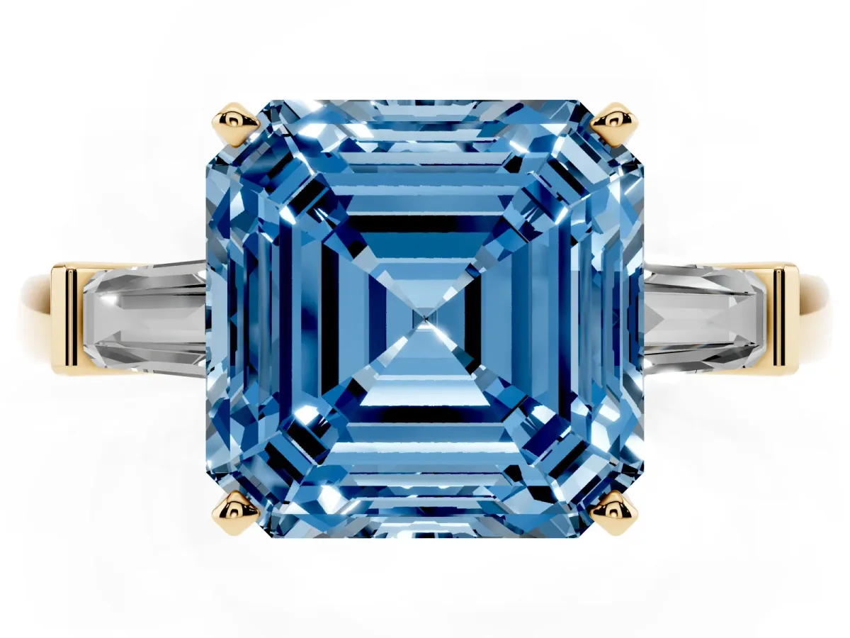 Fancy Blue Asscher Cut Cut Diamond Solitaire Ring with Tapered Baguette Accents and Four-Prong Setting Yellow gold