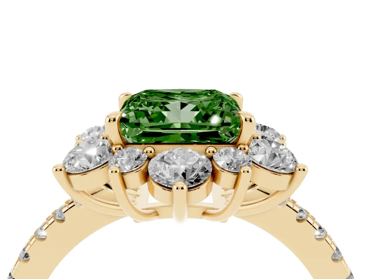 Fancy Green Princess Cut Diamond Floral Halo Ring with Round Pavé Band and Prong Setting Yellow gold