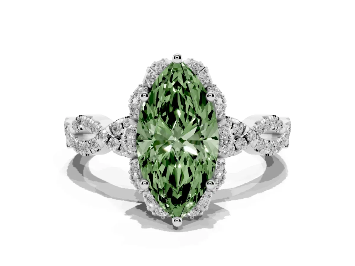 Fancy Green Marquise Cut Halo Twist Band Solitaire Ring with Six-Prong Setting Platinum