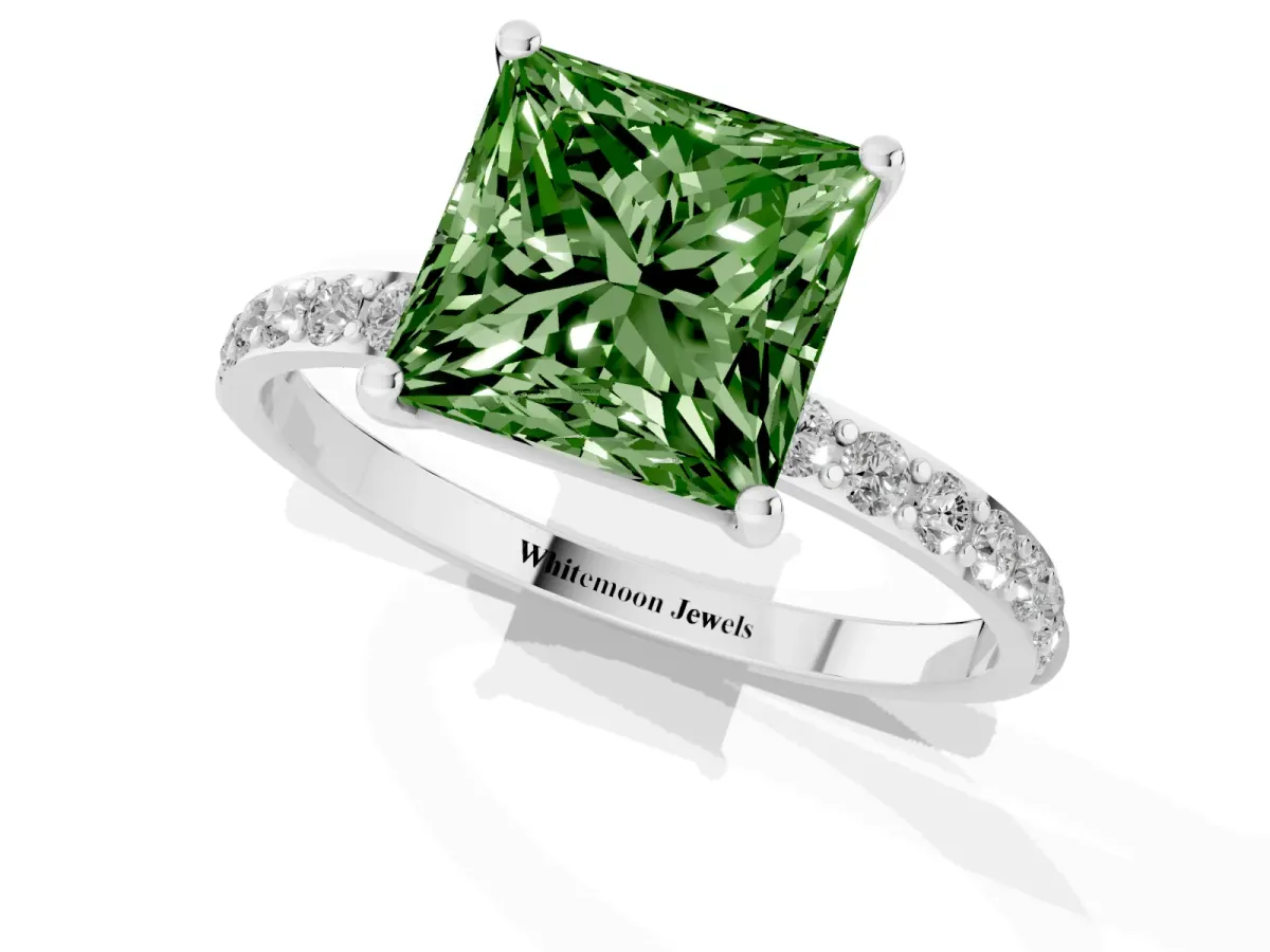 Fancy Green Princess Cut Diamond Solitaire Ring with Round Pavé Shoulders and Prong Setting Silver