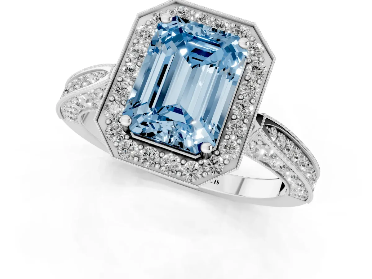 Fancy Blue Emerald Cut Halo Diamond Engagement Ring with Split Shank Band and Four-Prong Setting Silver