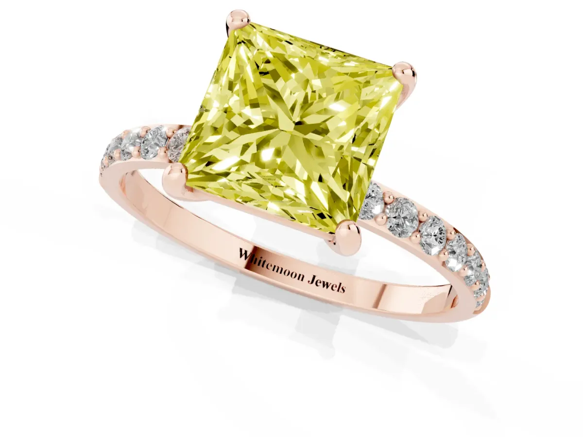 Fancy Yellow Princess Cut Diamond Solitaire Ring with Round Pavé Band and Prong Setting Rose gold