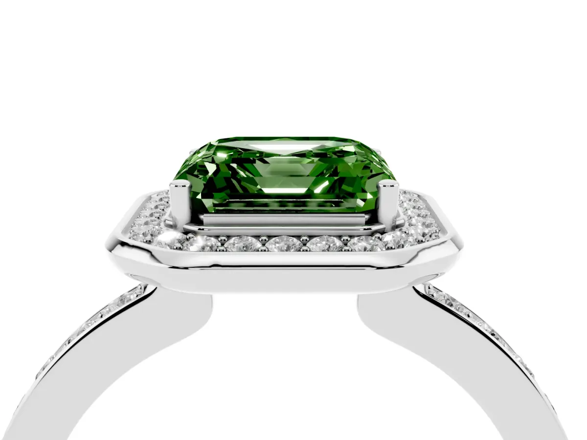 Fancy Green Asscher Cut Diamond Halo Ring with Bezel Frame and Pavé Band Silver