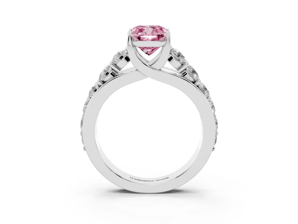 Fancy Pink Cushion Cut Diamond Engagement Ring with Pavé Band and Four-Prong Setting Silver