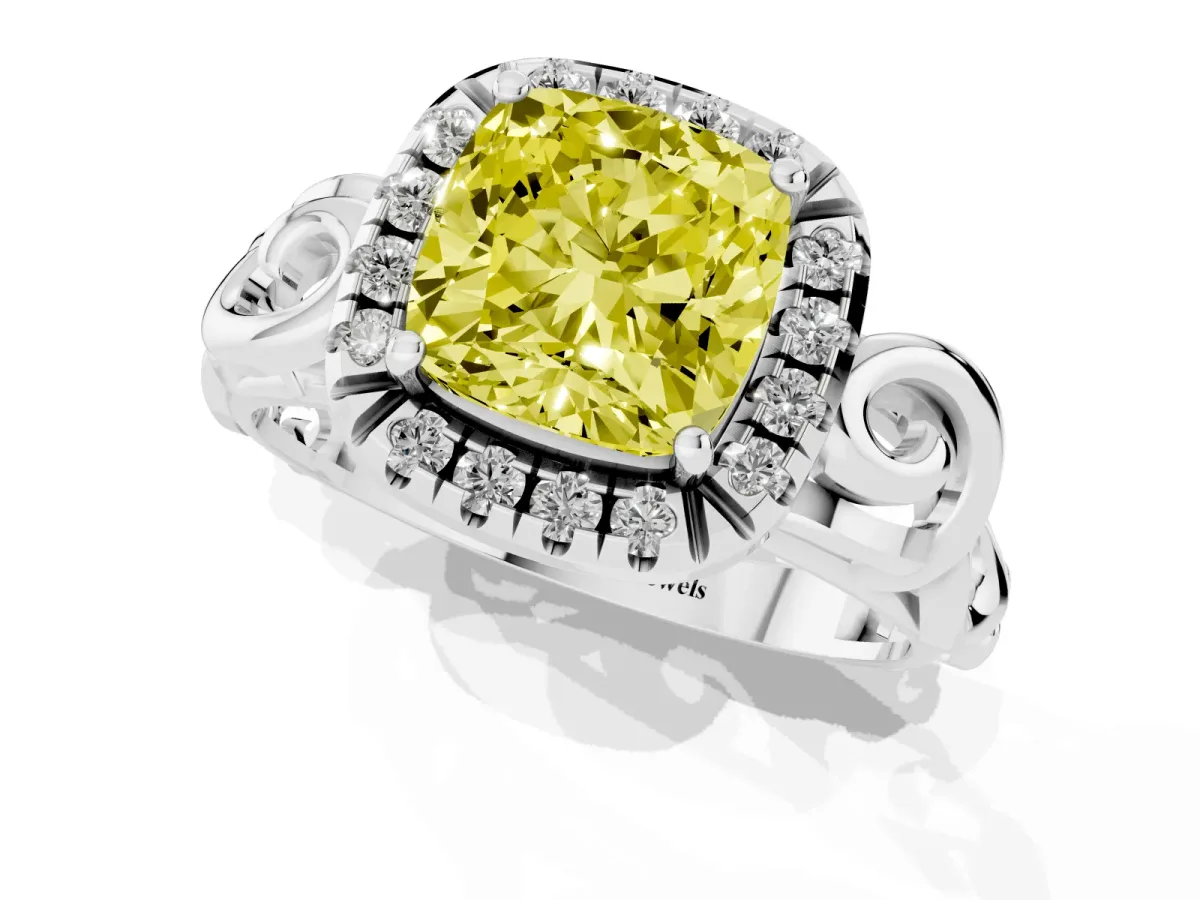 Fancy Yellow Cushion Cut Cut Halo Diamond Ring with Scrollwork Band and Four-Prong Setting Silver