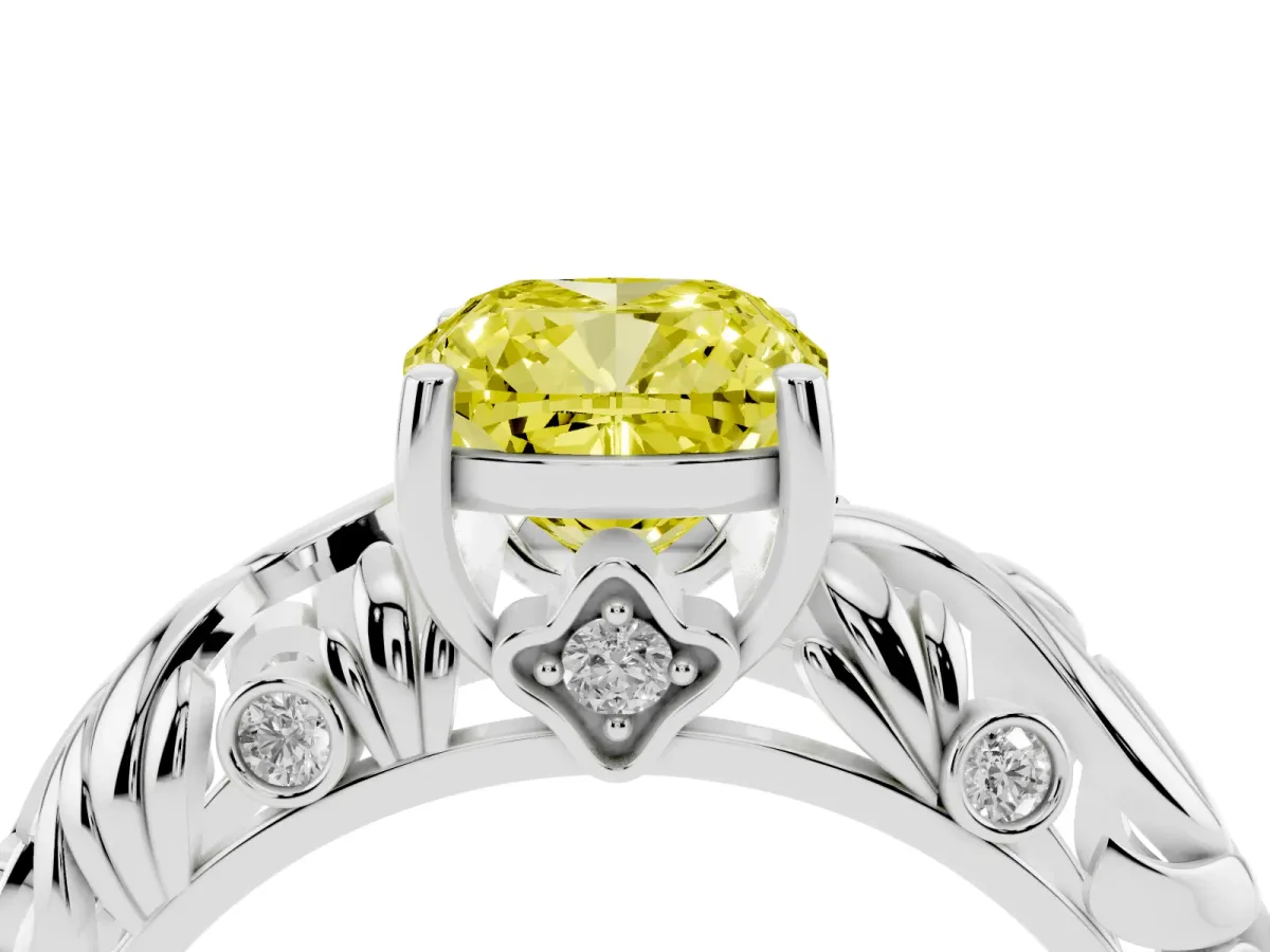 Fancy Yellow Cushion Cut Solitaire Diamond Leaf-Inspired Vine Band Ring with Prong Setting Platinum